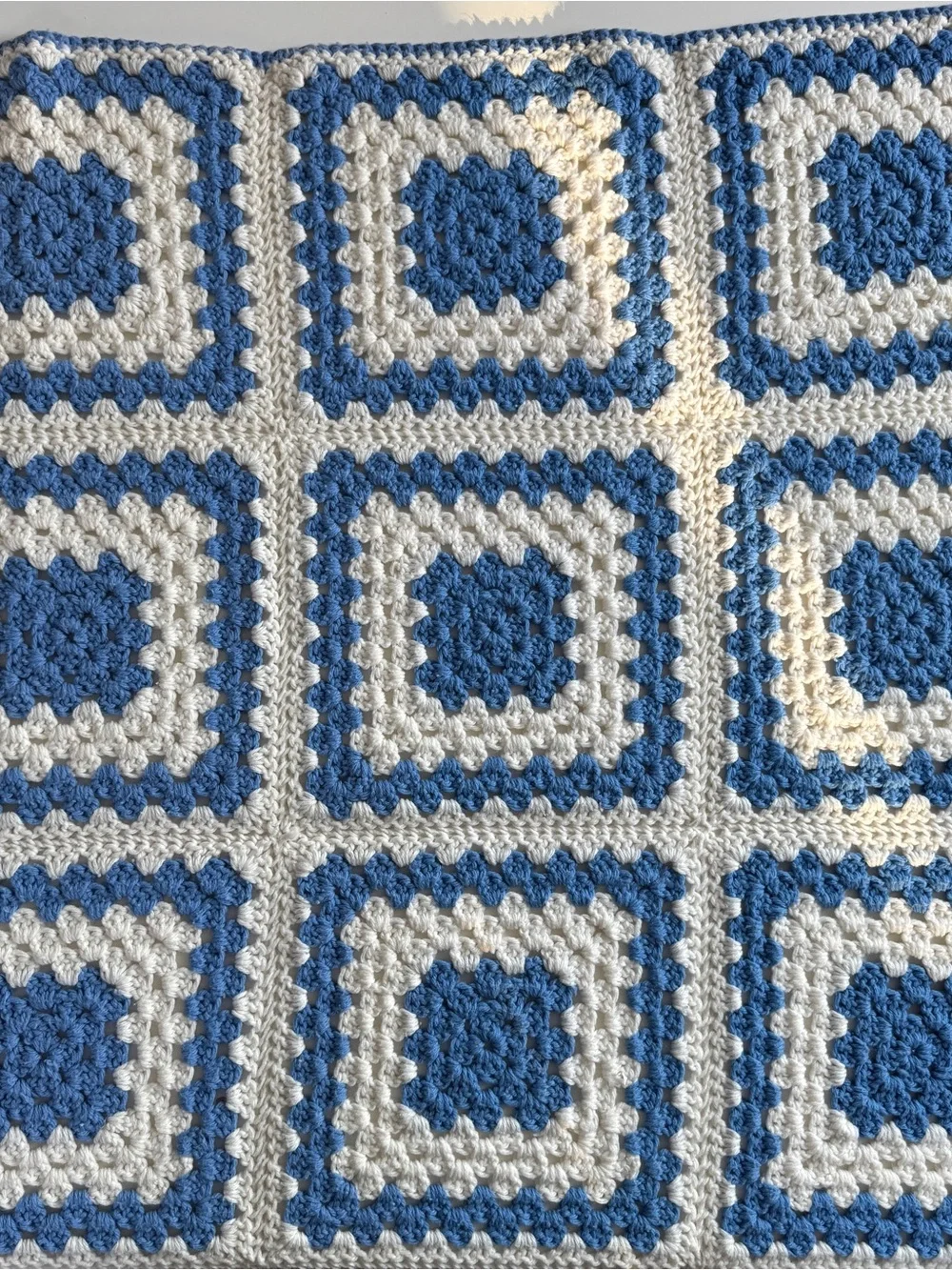 VTG Granny Square Handmade Afghan Bkue WhiteThrow Boho Cottage 48x60